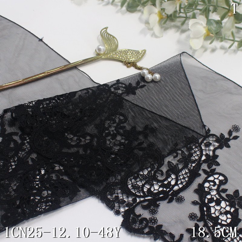 Black Tulle Flower Embroidery Lace Fabric 18cm wide Water soluble edge Embroidered Lace Trim For Women Dress