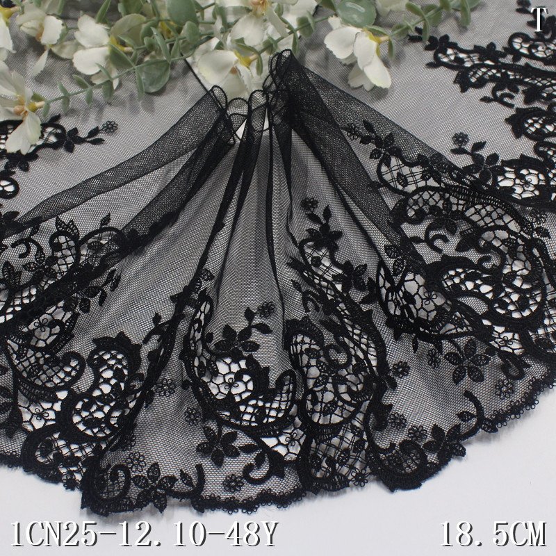 Black Tulle Flower Embroidery Lace Fabric 18cm wide Water soluble edge Embroidered Lace Trim For Women Dress