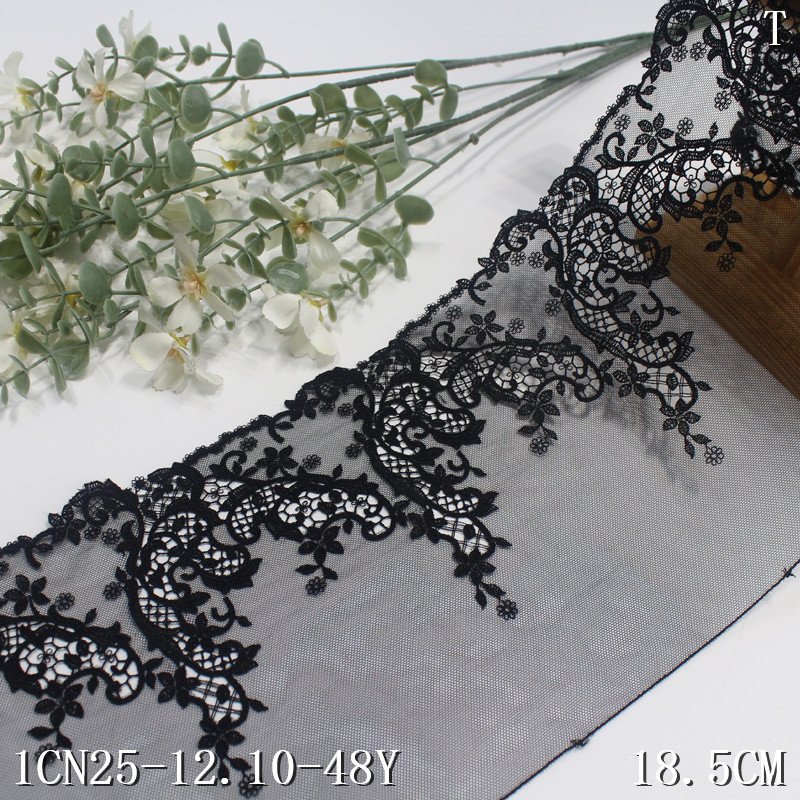 Black Tulle Flower Embroidery Lace Fabric 18cm wide Water soluble edge Embroidered Lace Trim For Women Dress