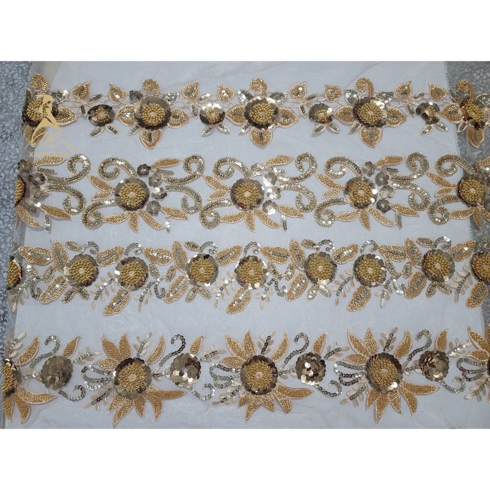 new golden sequin beads 3d flower embroidery gold lace trimming embroidery for wedding party