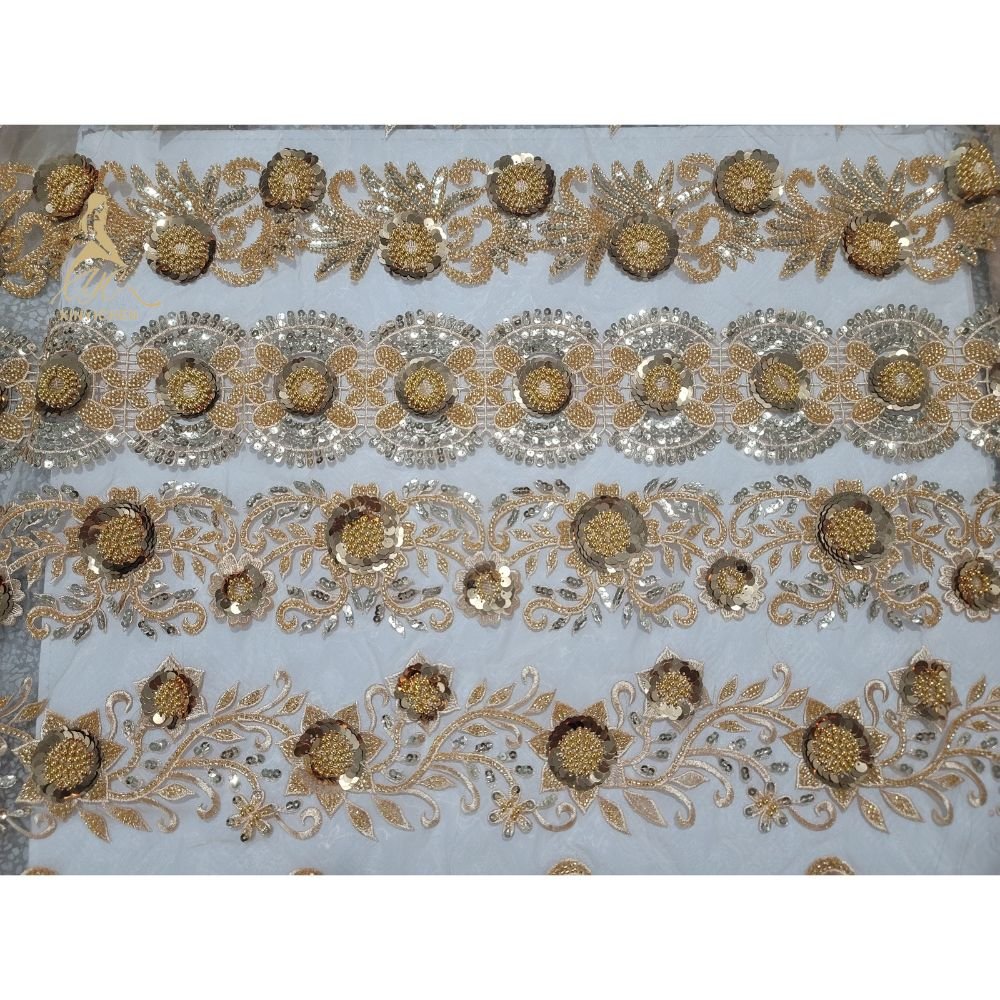 new golden sequin beads 3d flower embroidery gold lace trimming embroidery for wedding party