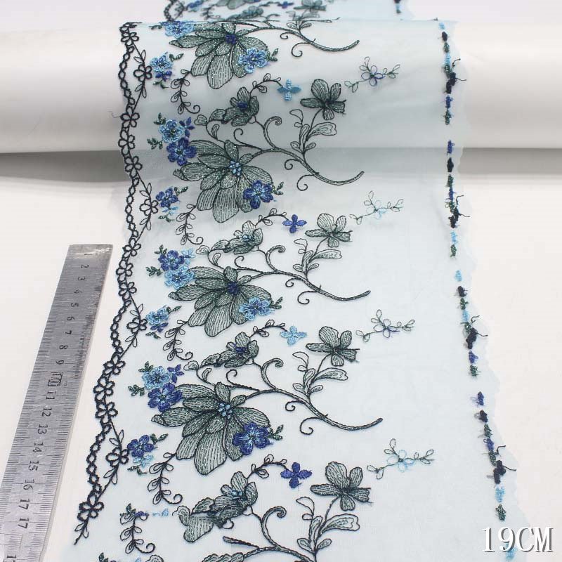 Beautiful Big Flowers Blue Mesh Bottom Lace Underwear Panties Accessories No Elastic Embroidery Women Lace trim 19cm