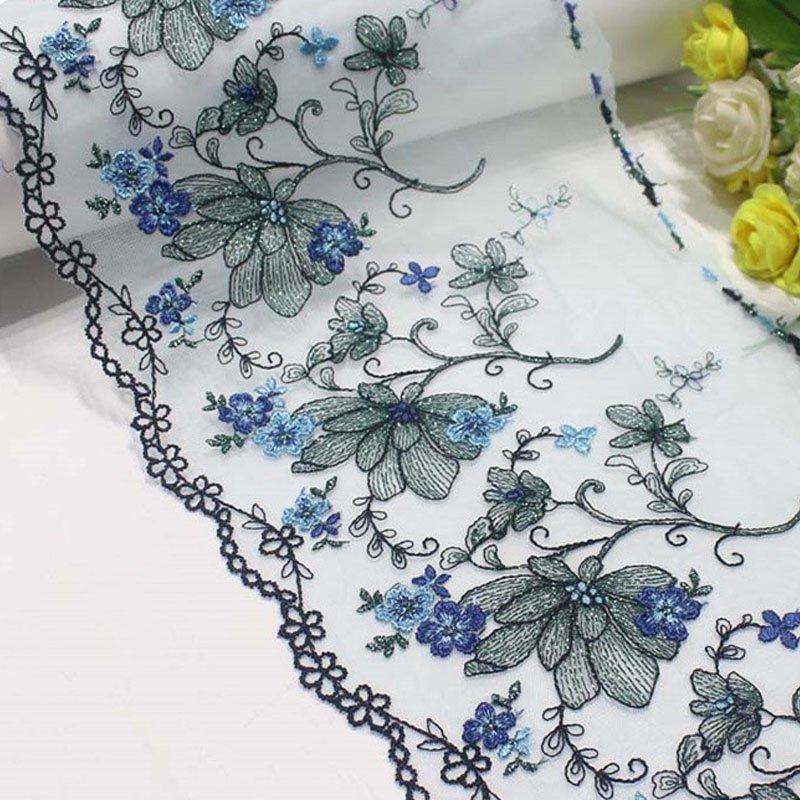 Beautiful Big Flowers Blue Mesh Bottom Lace Underwear Panties Accessories No Elastic Embroidery Women Lace trim 19cm