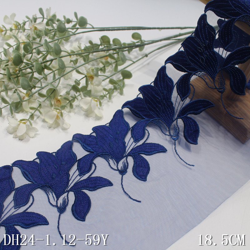 2024 Popular Quality Net Royal Blue Embroidery Lace Trim Blue Voile Floral Lace fabric For Women Sexy Lingerie