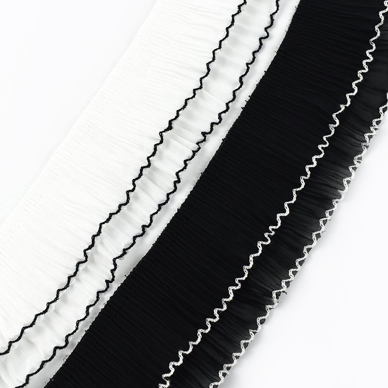 Meetee AP010 7cm DIY Polyester Chiffon Pleated Wooden Ear Lace Trim Black and White Decorative Width for Bags Belts Dress Edge