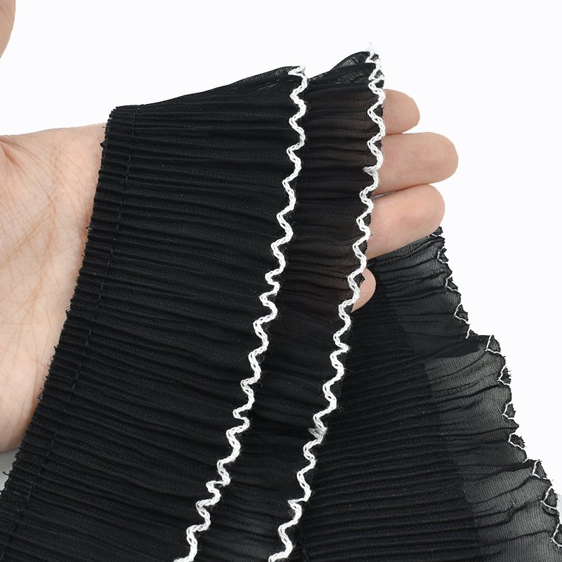 Meetee AP010 7cm DIY Polyester Chiffon Pleated Wooden Ear Lace Trim Black and White Decorative Width for Bags Belts Dress Edge