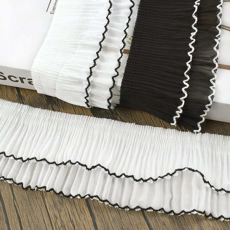 Meetee AP010 7cm DIY Polyester Chiffon Pleated Wooden Ear Lace Trim Black and White Decorative Width for Bags Belts Dress Edge