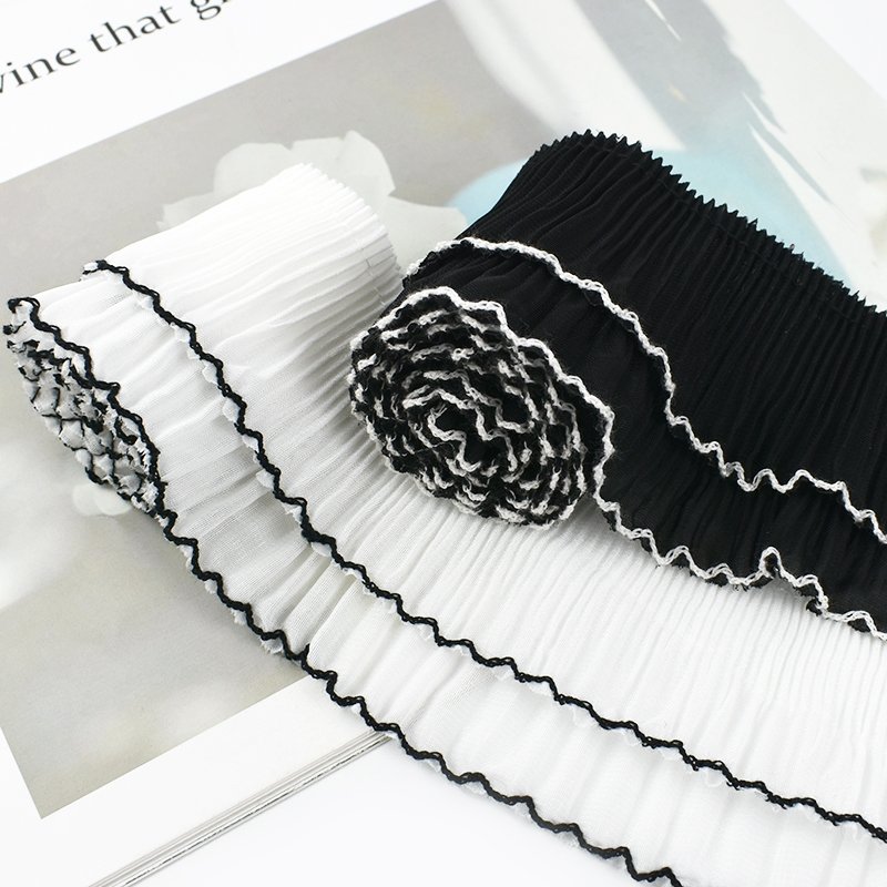 Meetee AP010 7cm DIY Polyester Chiffon Pleated Wooden Ear Lace Trim Black and White Decorative Width for Bags Belts Dress Edge