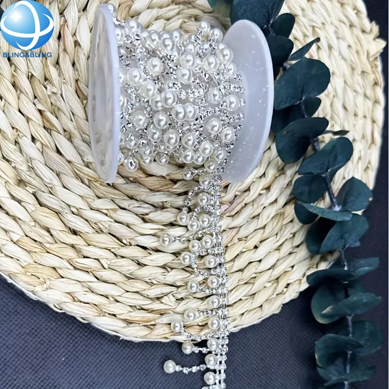 Clear Rhinestone Beaded Trim Chain Fringe Tassel Pearl Cup Chain For Wedding Garment Shoe Dress Necklace Bag DIY Jewel Making