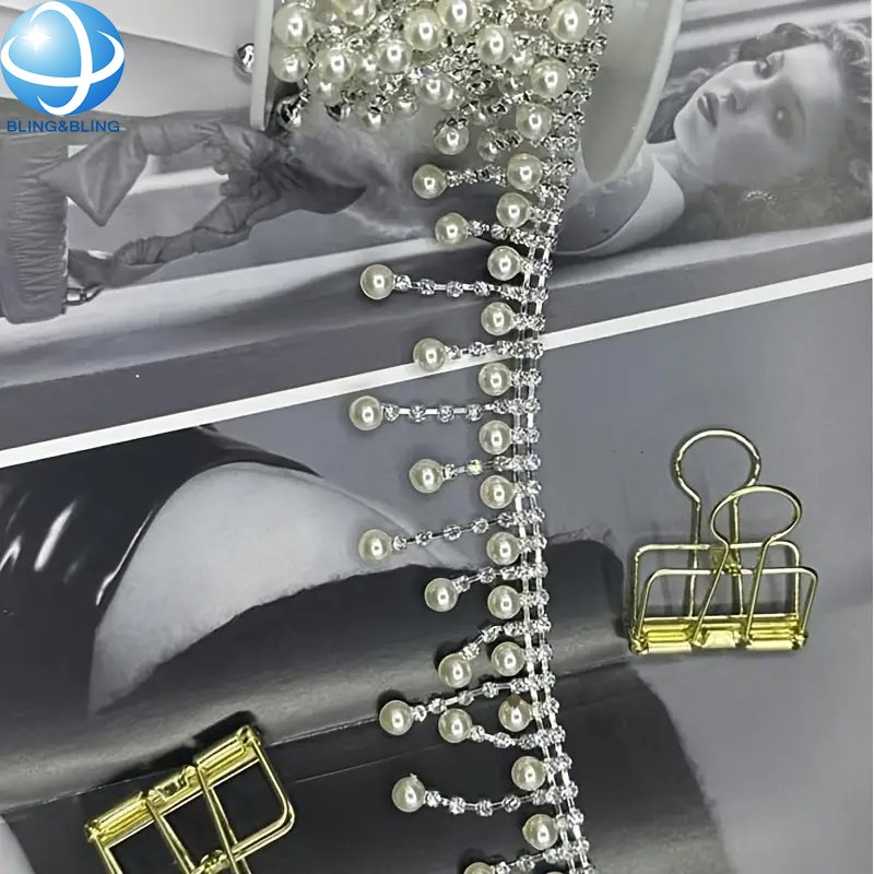 Clear Rhinestone Beaded Trim Chain Fringe Tassel Pearl Cup Chain For Wedding Garment Shoe Dress Necklace Bag DIY Jewel Making