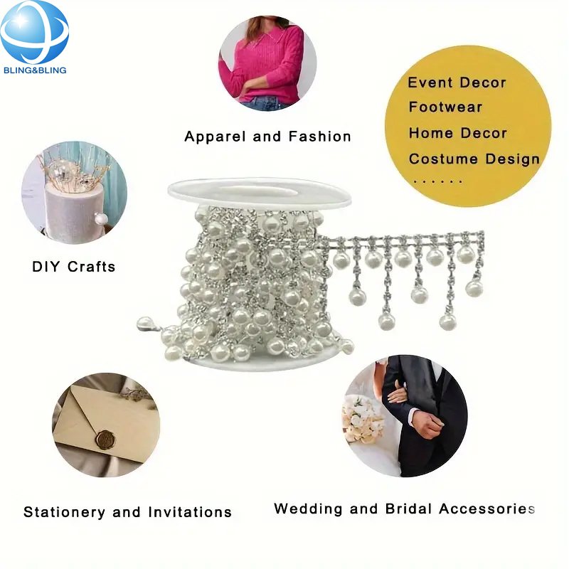 Clear Rhinestone Beaded Trim Chain Fringe Tassel Pearl Cup Chain For Wedding Garment Shoe Dress Necklace Bag DIY Jewel Making