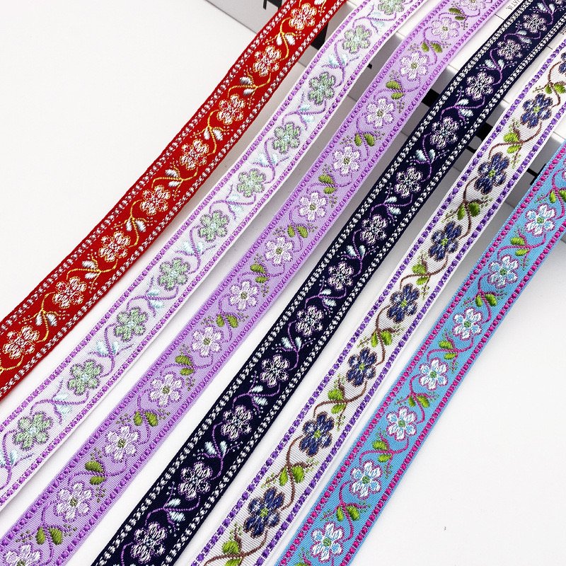 Wholesale sewing accessories trimming single face vintage ethnic style flower embroidery jacquard woven ribbon