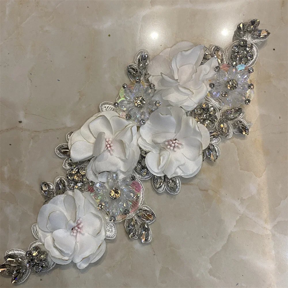 cheap sale pairs handmade 3d flower sew on applique embroidery rhinestone flower patch for evening dress