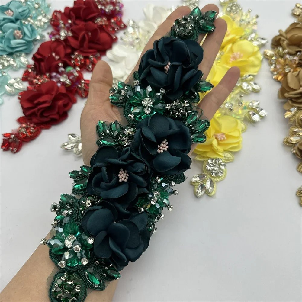 cheap sale pairs handmade 3d flower sew on applique embroidery rhinestone flower patch for evening dress