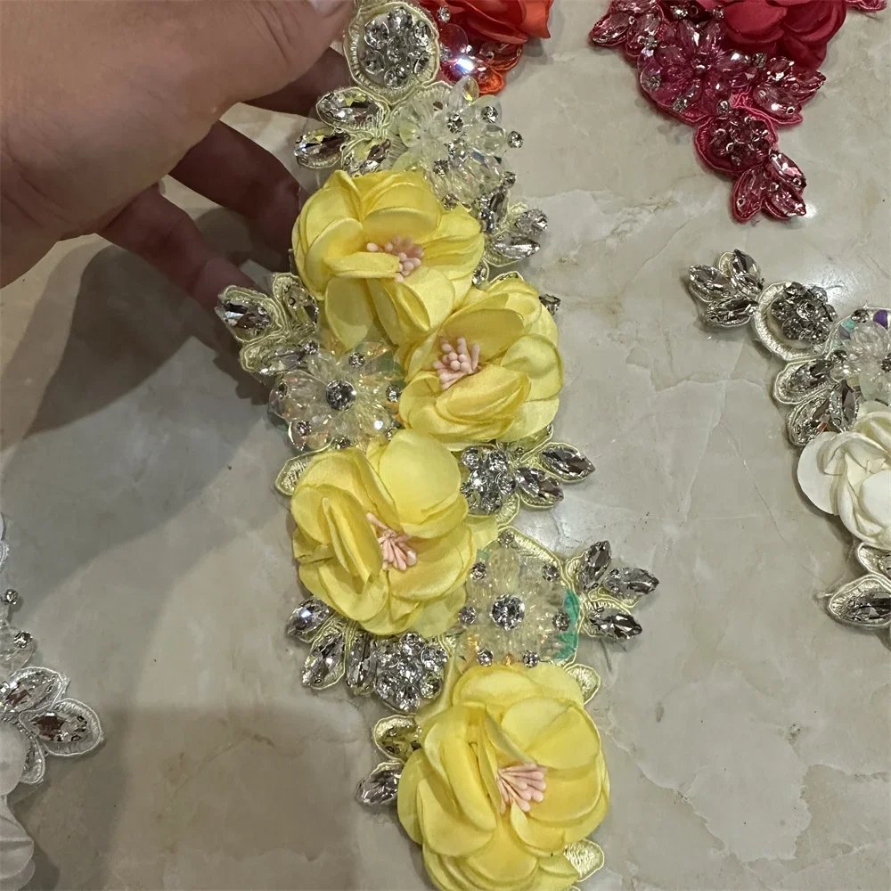 cheap sale pairs handmade 3d flower sew on applique embroidery rhinestone flower patch for evening dress