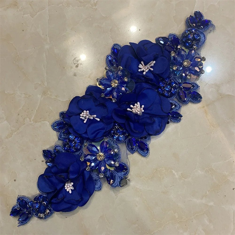 cheap sale pairs handmade 3d flower sew on applique embroidery rhinestone flower patch for evening dress