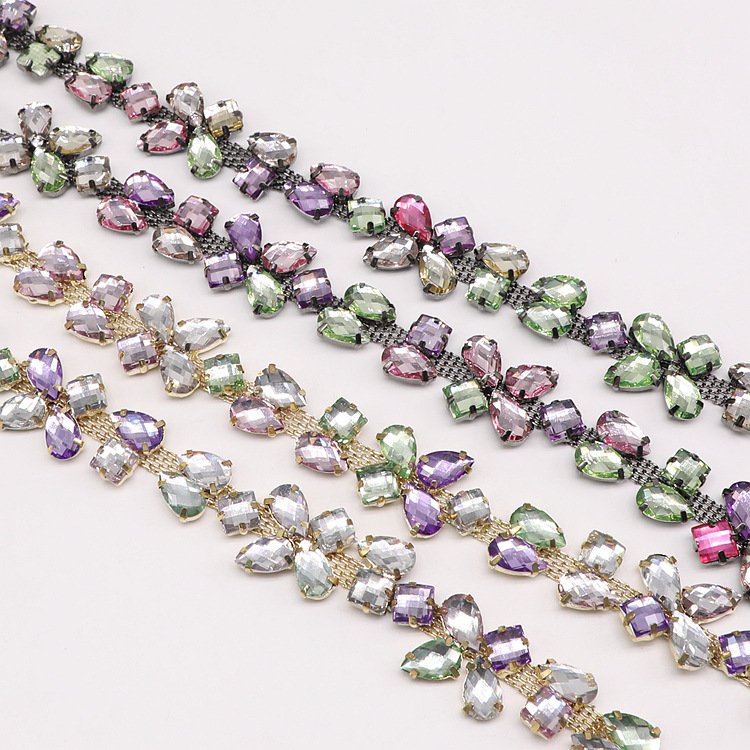 Fashionable Sew-On Crystal Glass Ribbon Applique Rhinestone Flower Chain Trim Shoes Clothes Garments Bag Accessories Made Fabric
