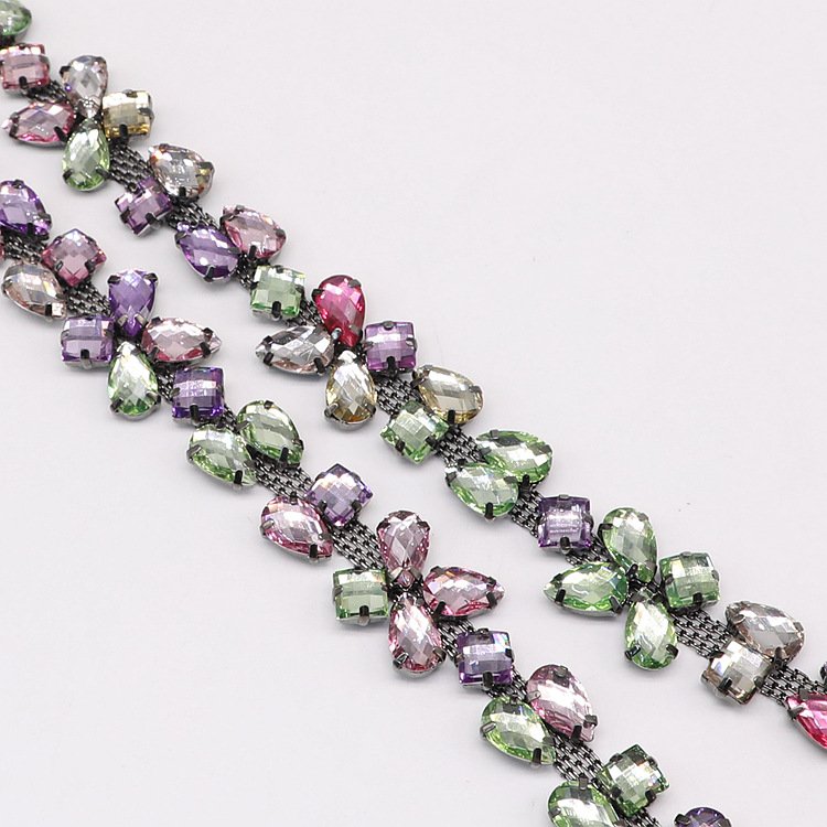Fashionable Sew-On Crystal Glass Ribbon Applique Rhinestone Flower Chain Trim Shoes Clothes Garments Bag Accessories Made Fabric