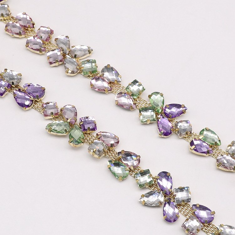 Fashionable Sew-On Crystal Glass Ribbon Applique Rhinestone Flower Chain Trim Shoes Clothes Garments Bag Accessories Made Fabric