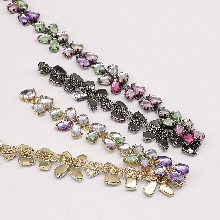 Fashionable Sew-On Crystal Glass Ribbon Applique Rhinestone Flower Chain Trim Shoes Clothes Garments Bag Accessories Made Fabric