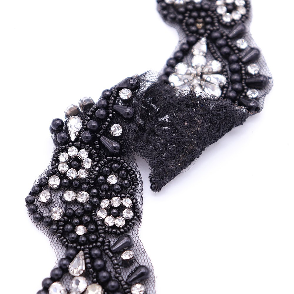Hot Selling Decorative Lace Tape Black Beaded Embroidered Lace Trim Rhinestones Lace Trim For Dress