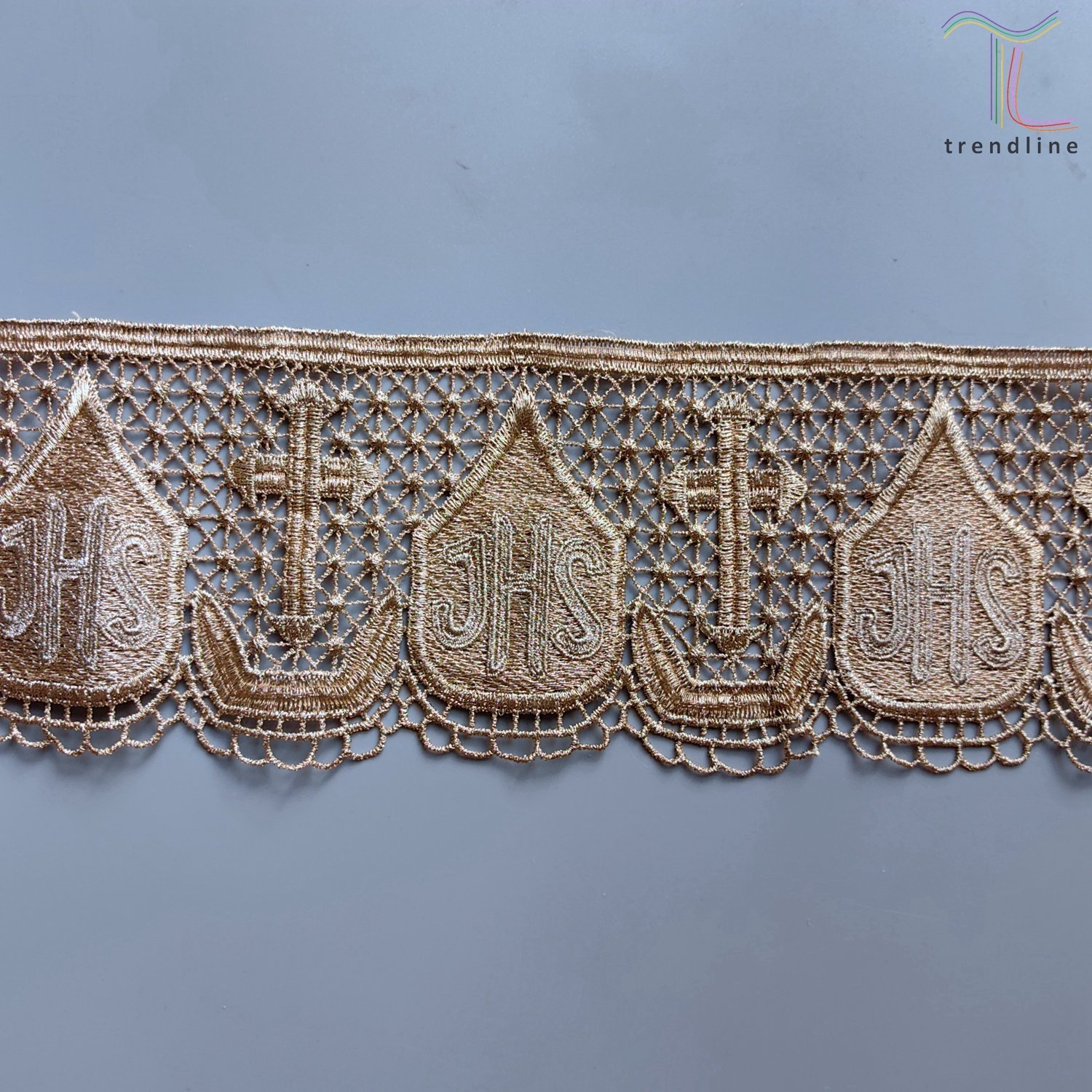 JHS macrame embroidered mariana cross gold french lace trim for liturgical vestment