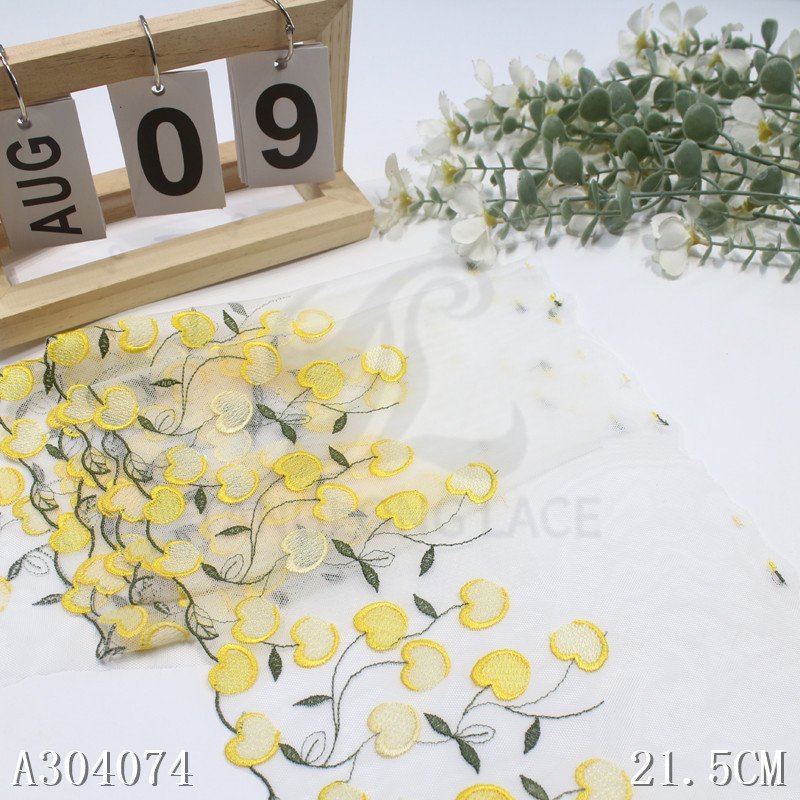 Yellow white soft Mesh Lace Trim with violet cherry 21cm sweet Floral Embroidery lace fabric for garment accessories