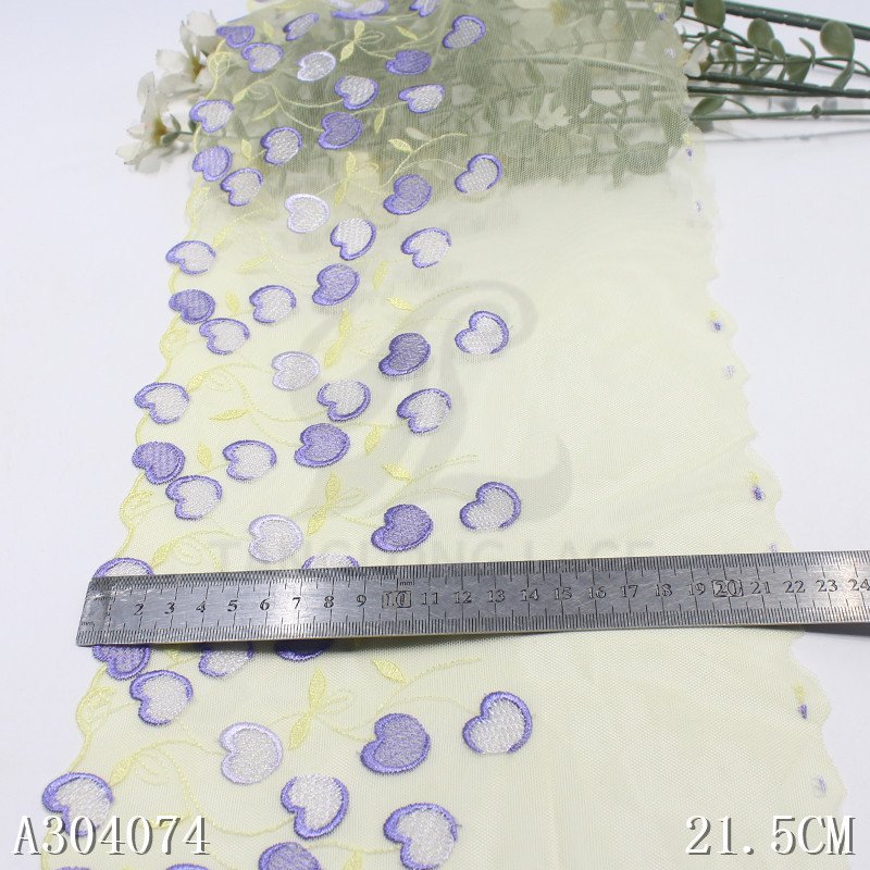 Yellow white soft Mesh Lace Trim with violet cherry 21cm sweet Floral Embroidery lace fabric for garment accessories