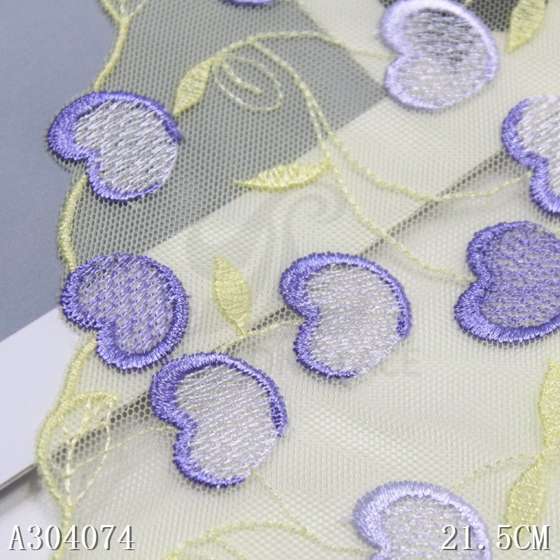 Yellow white soft Mesh Lace Trim with violet cherry 21cm sweet Floral Embroidery lace fabric for garment accessories