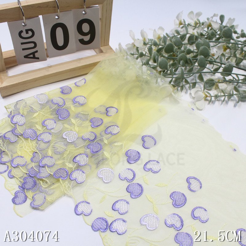Yellow white soft Mesh Lace Trim with violet cherry 21cm sweet Floral Embroidery lace fabric for garment accessories
