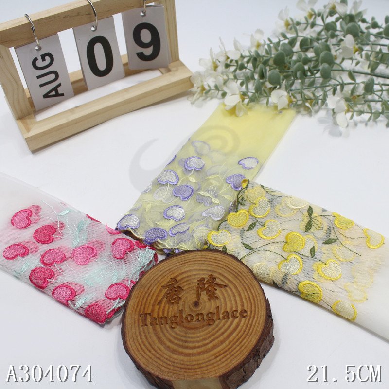 Yellow white soft Mesh Lace Trim with violet cherry 21cm sweet Floral Embroidery lace fabric for garment accessories
