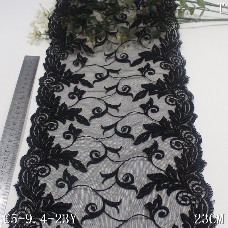 Embroidered Lace trim 23cm wide China Wholesale Black Flowers Lace for women bra Dress