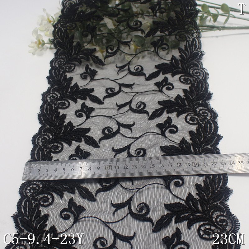 Embroidered Lace trim 23cm wide China Wholesale Black Flowers Lace for women bra Dress