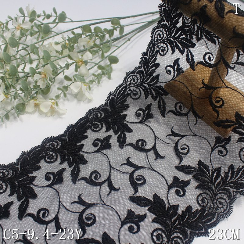 Embroidered Lace trim 23cm wide China Wholesale Black Flowers Lace for women bra Dress