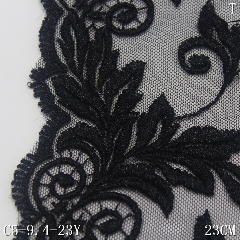 Embroidered Lace trim 23cm wide China Wholesale Black Flowers Lace for women bra Dress