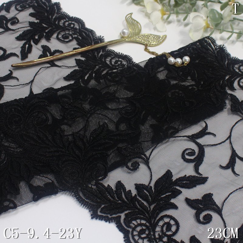 Embroidered Lace trim 23cm wide China Wholesale Black Flowers Lace for women bra Dress
