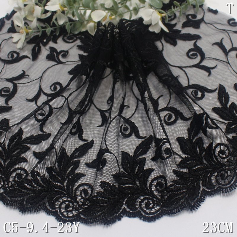 Embroidered Lace trim 23cm wide China Wholesale Black Flowers Lace for women bra Dress