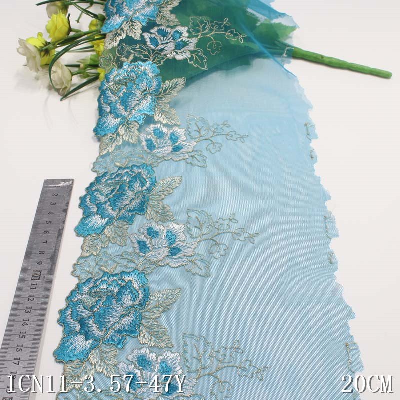 High Quality Blue Mesh Tulle Floral Embroidery Lace Trim for Women Fancy Embroidered Lace