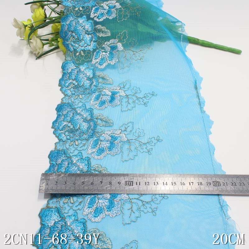 High Quality Blue Mesh Tulle Floral Embroidery Lace Trim for Women Fancy Embroidered Lace