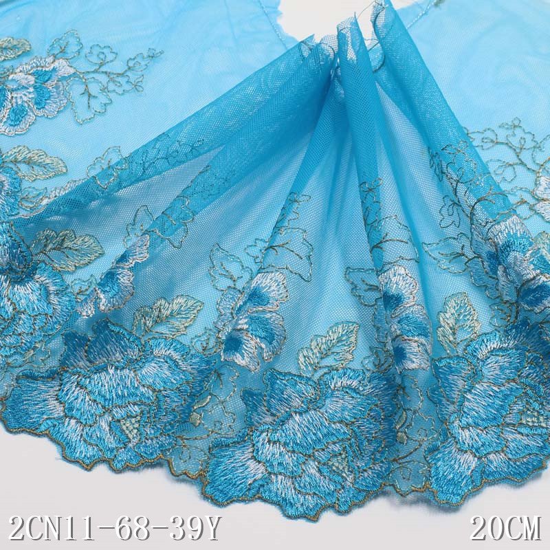 High Quality Blue Mesh Tulle Floral Embroidery Lace Trim for Women Fancy Embroidered Lace
