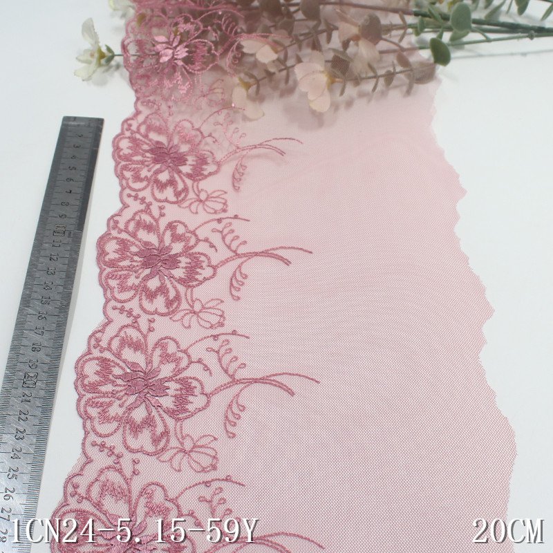 Wholesale Floral Embroidery Designs Curtain Lace Border Pink Mesh Embroidered Lace Trim for Lingerie