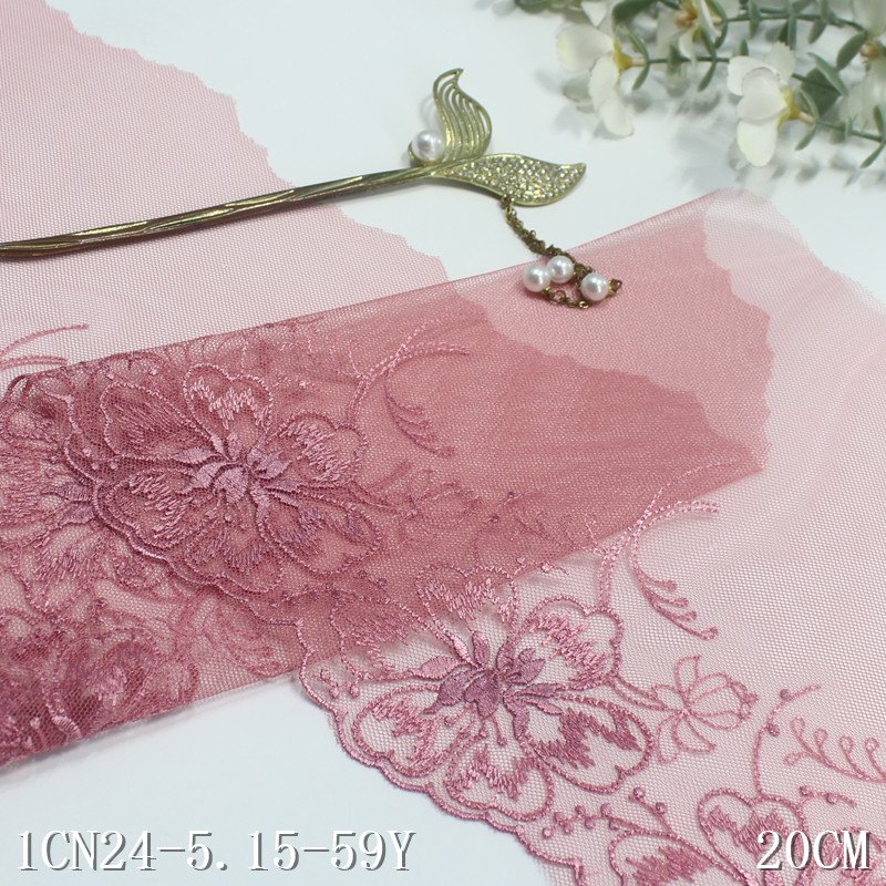 Wholesale Floral Embroidery Designs Curtain Lace Border Pink Mesh Embroidered Lace Trim for Lingerie
