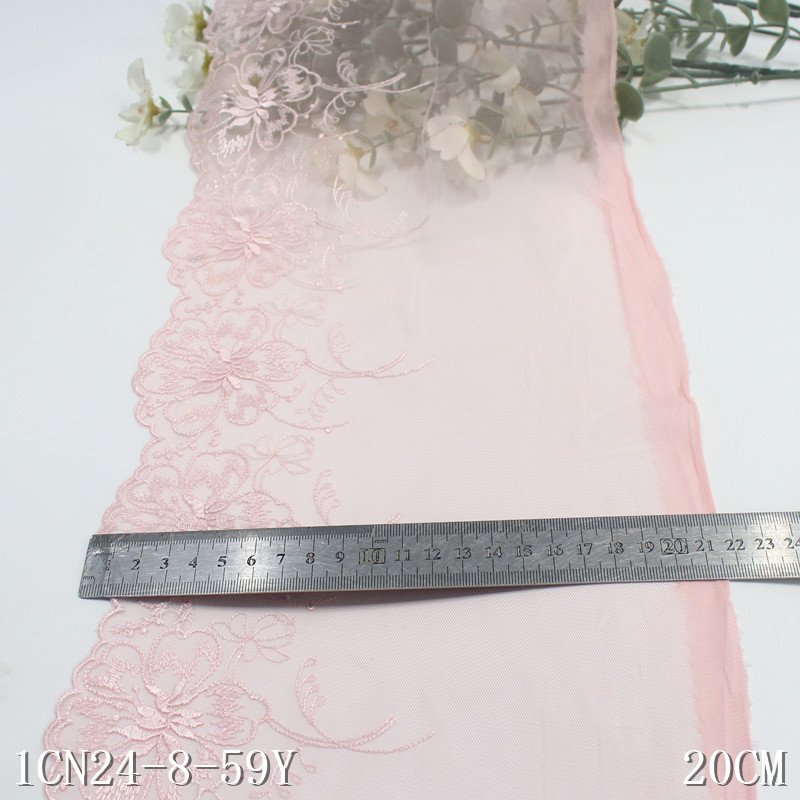 Wholesale Floral Embroidery Designs Curtain Lace Border Pink Mesh Embroidered Lace Trim for Lingerie