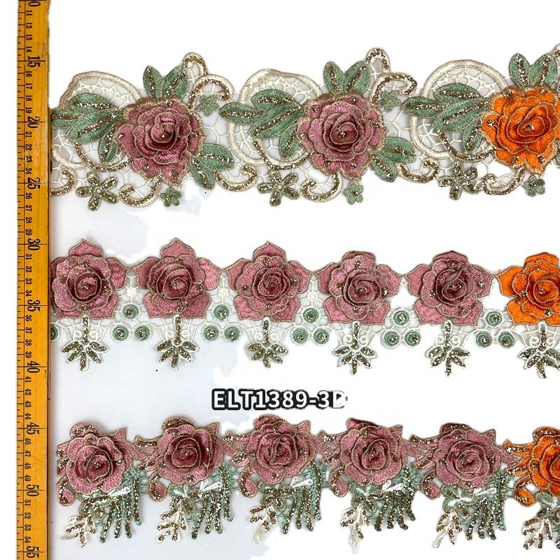 Guipure 3d polyester trim chemical border lace trimming multi colors flower embroidery lace trim sequin decorate clothing trim