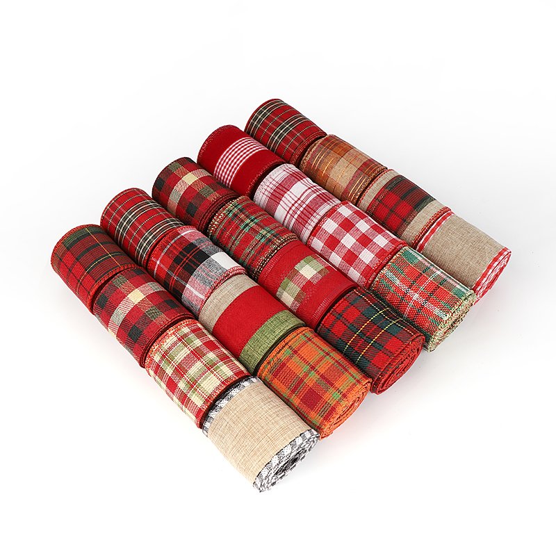 Bulk Wholesale 1 Roll 5 Yard 6.3CM Wide Wreaths Bow Making Christmas Wedding Decorative Linen Plaid Stripes Wired Edge Ribbon