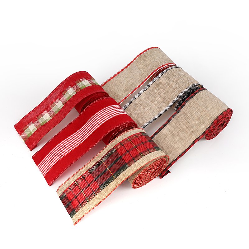 Bulk Wholesale 1 Roll 5 Yard 6.3CM Wide Wreaths Bow Making Christmas Wedding Decorative Linen Plaid Stripes Wired Edge Ribbon