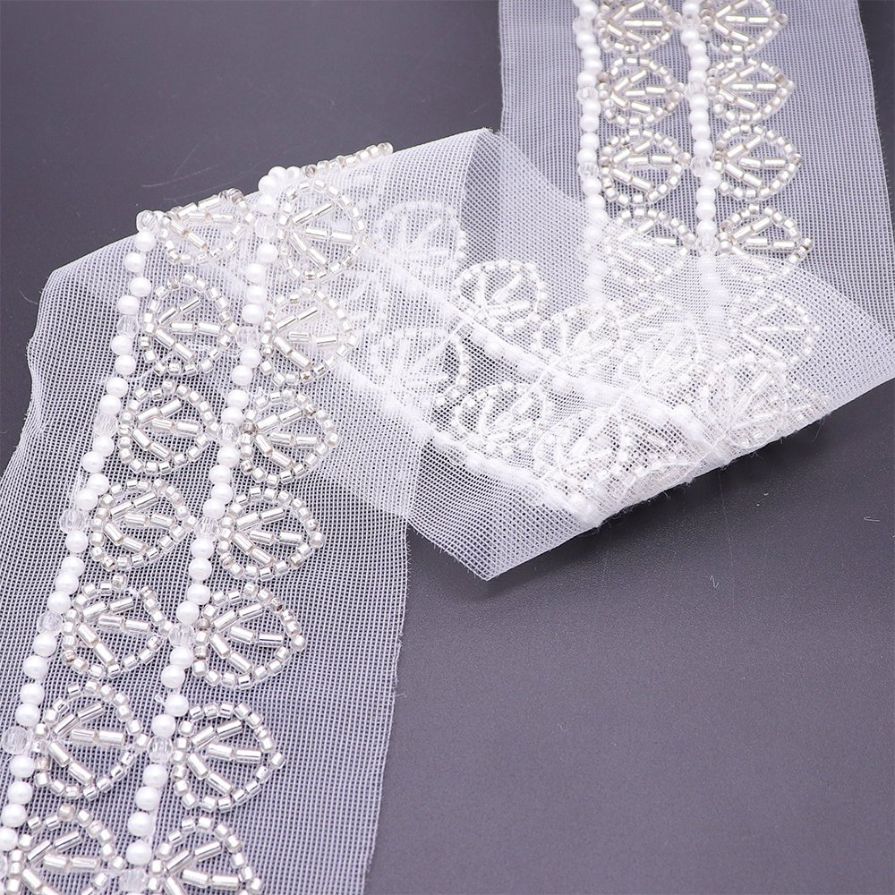 Factory Wholesale Beaded Lace Appliques Lace Trims Sew On Pearls Beads Lace Trim For Garments