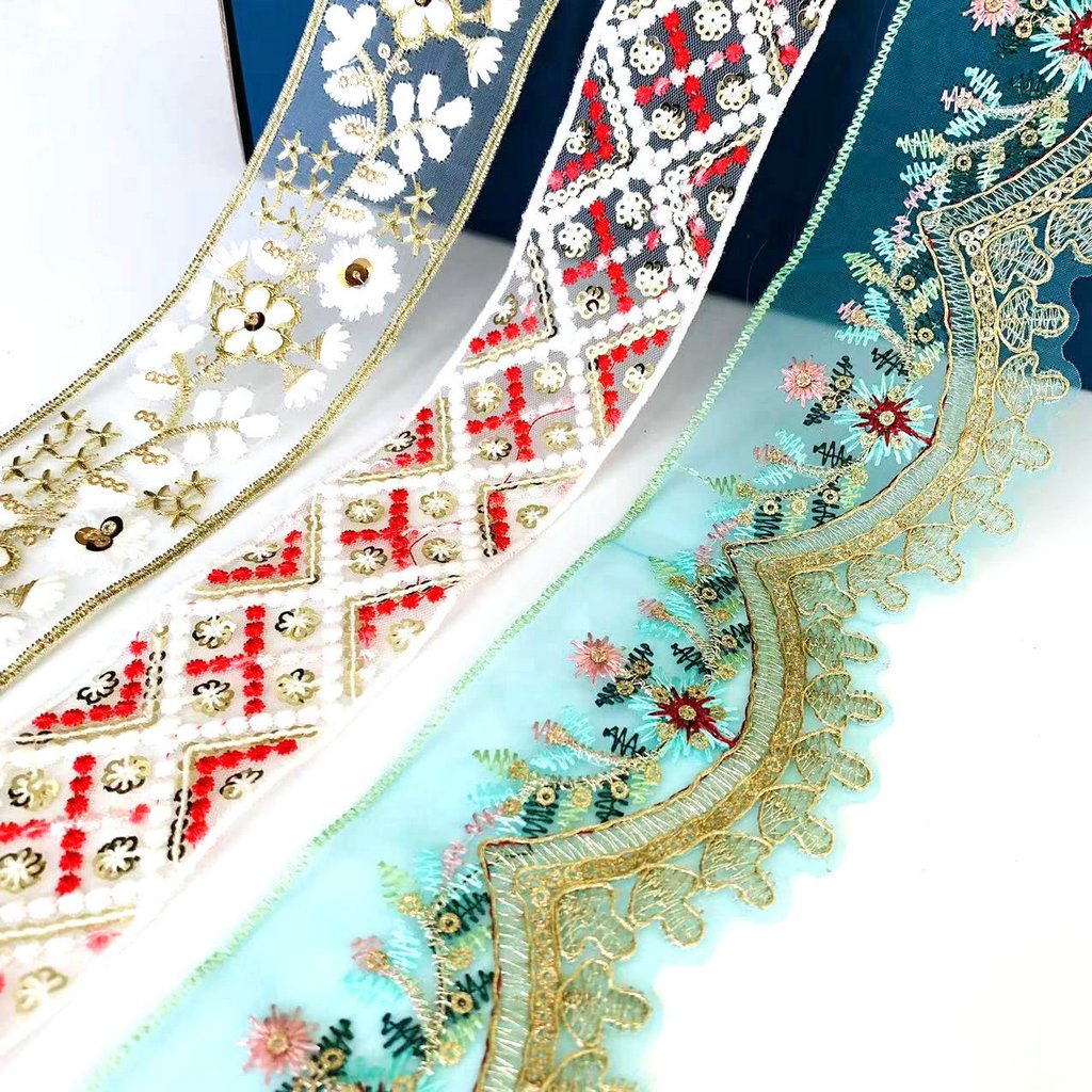 New Arrival Sequined Ethnic Lace Trim Embroidered Laces for sarees Borders