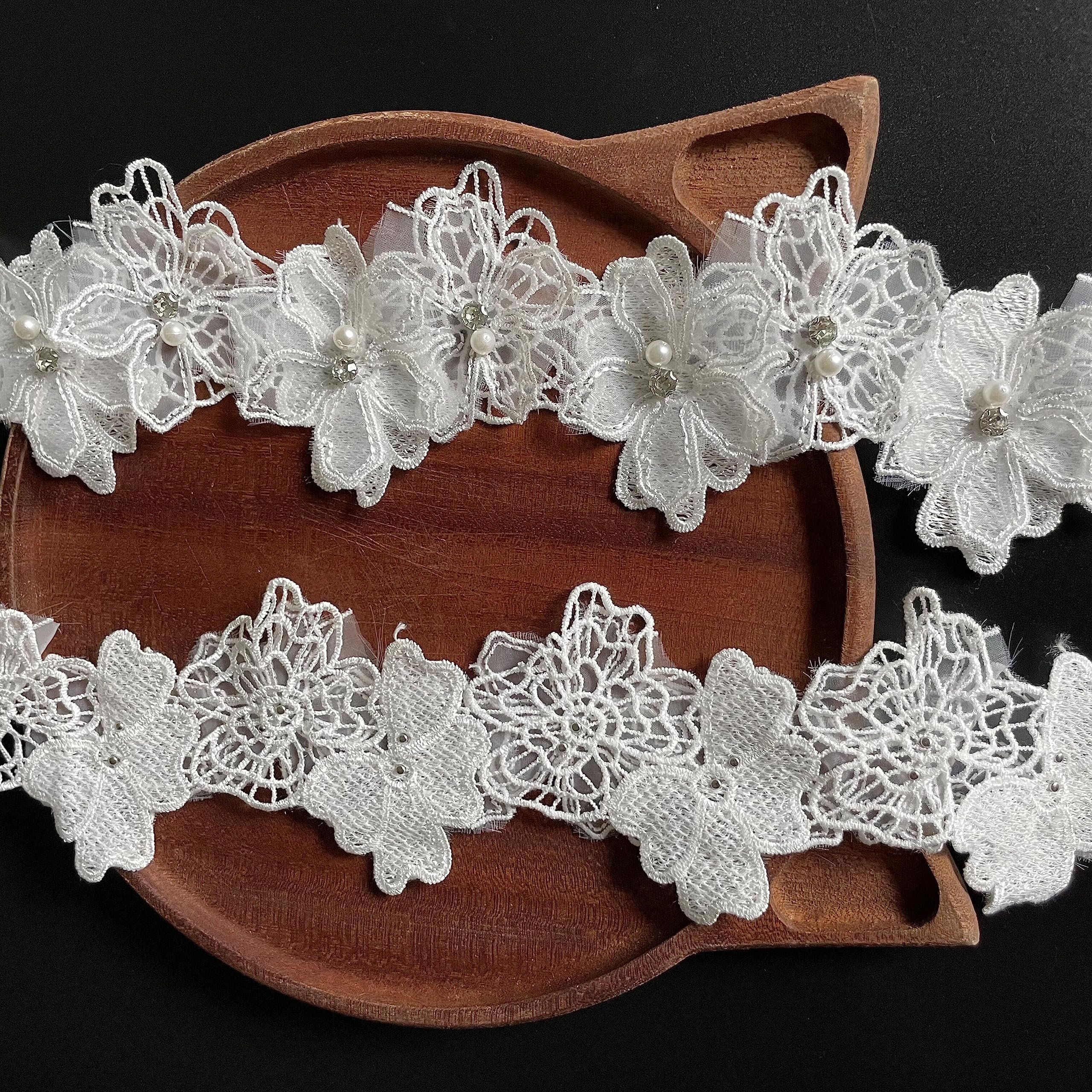 Handmade DIY Sewing 3D Flower Lace Trim Floral Embroidered Beads Lace Trim Fabric Appliques Lace for Costume Decoration