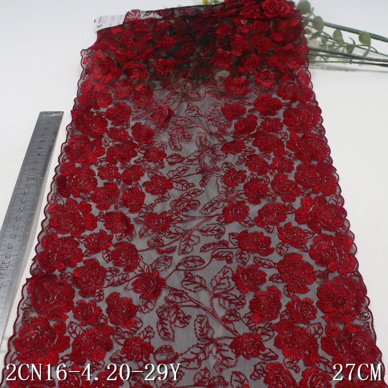Width 27cm spandex black Tulle Soft embroidery Lace trim Fabric red flowers lace For dress lingerie